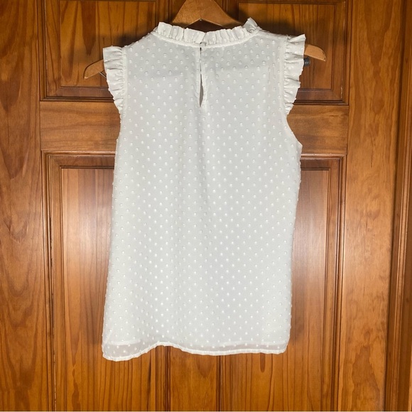 J. Crew Crisp White Swiss Dot Ruffled Mandarin Collar Sleeveless Blouse - Picture 7 of 7
